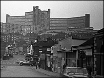 View towards Granelli's and Hyde Park flats from Park Square, 1970s
