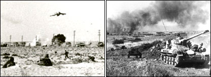 Ảnh trái: Phi cơ Mig tấn công một đoàn công voa; Ảnh phải: Xe tăng của Israel tại Cao nguyên Goland