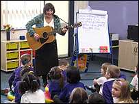 Folk musician Sandra Kerr at Queens Hill Primary and Nursery School in Costessey