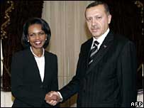 A secretária de Estado dos Estados Unidos, Condoleezza Rice, e o primeiro-ministro da Turquia, Recep Tayyip Erdogan