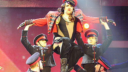 Comedian Rufus Hound in Cheryl Cole costume (image: Whizzkid/BBC)