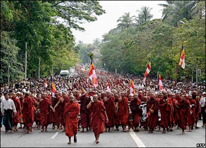 Monks marching through Rangoon.