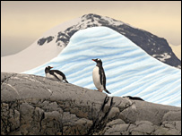 Pinguins em geleira em derretimento