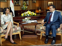 Condoleezza Rice e o presidente do Egito, Hosni Mubarak