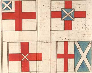 Flags designed by the Earl of Nottingham in 1604 for a United Kingdom of England and Scotland