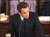 O presidente francês Nicolas Sarcozy em visita ao Congresso americano