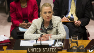 美国国务卿希拉里·克林顿在联大安理会会议上