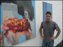 Hugh Mendes and his painting of the Twin Towers