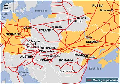 نقشه خطوط لوله اصلی گاز روسيه به اروپا