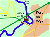 Map of Ross-on-Wye showing Wilton castle