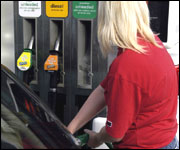 Woman putting petrol in car at garage