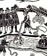 Trial of a witch by ducking in a mill pond - woodcut by un-named artist c1600