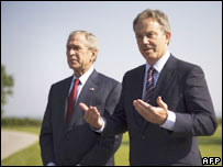 O presidente dos EUA, George W. Bush, e o primeiro-ministro britânico, Tony Blair