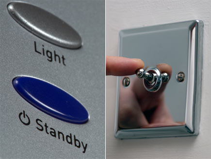 First half: close up of remote control's 'standby' button. Second half: Finger flicking light switch off