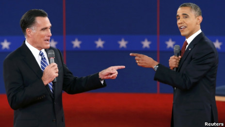 民主党总统候选人奥巴马与共和党总统候选人罗姆尼（17/10/2012）