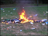 A tent is set alight by teenagers