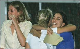 Teenagers getting A Level results