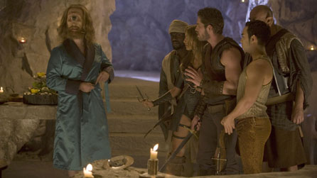 L-R Jonathan Slinger (Cyclops), Kevin Hart (Zezelryck), India de Beaufort (Aneka), Sean Maguire (Krod Mandoon), Marques Ray  (Bruce), Steve Speirs (Loquasto)