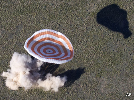 The Russian Soyuz space capsule lands in Kazakhstan