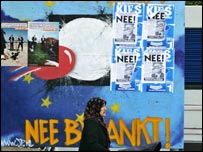 Hollanda'da halkı hayır oyu vermeye çağıran afişlerin önünden geçen bir kadın