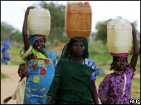 Refugiadas de Darfur carregam água