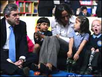 英国首相布朗与小学生交谈