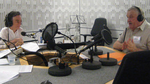 Liz Carr and Kevin Mulhern chatting in the studio