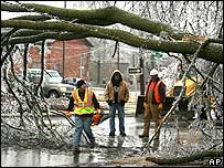Trabalhadores tentam retirar gelo e galhos de árvore nos Estados Unidos