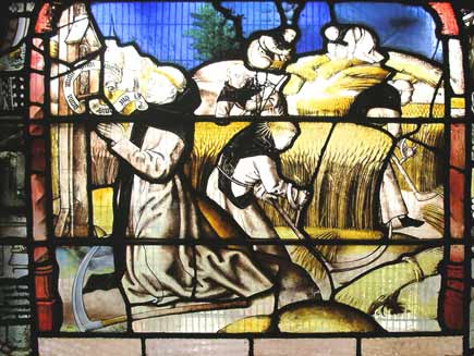 Harvest scene as St Bernard kneels