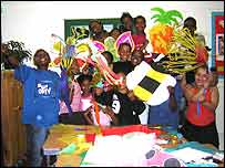 Children making costumes for the Carnival