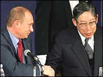 هيروشی اوکودا رييس فدراسيون سازمانهای اقتصادی ژاپن و پوتين در اجلاس توکيو