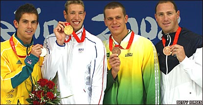 Eamon Sullivan (Austrália), Alain Bernard (França), Cesar Cielo (Brasil) e Jason Lezak (EUA)