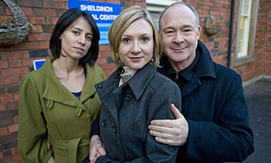 River City new cast members pictured at the show's set in Dumbarton.  L-R: Samia Rida who plays Dr Sammi Amira, Frances Grey who plays Marianne McKee and Ewan Stewart who plays Daniel McKee