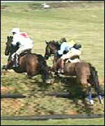 Horses clearing a fence