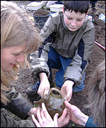 Students with a find at a dig in Coxwold