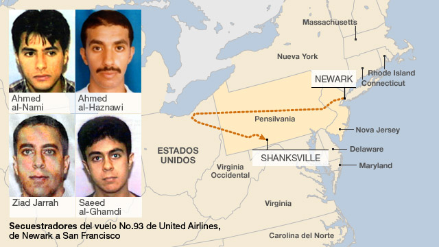 Mapa de la ruta del vuelo No.93 de United Airlines