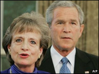 Harriet Miers speaks in the Oval Office of the White House in this Oct. 3, 2005 file photo after President Bush announced, that Miers was his choice to replace retiring Justice Sandra Day OConnor. Miers withdrew her nomination to be a Supreme Court justice Thursday, Oct. 27, 2005, in the face of stiff opposition and mounting criticism about her qualifications. (AP Photo/Ron Edmonds, File) 