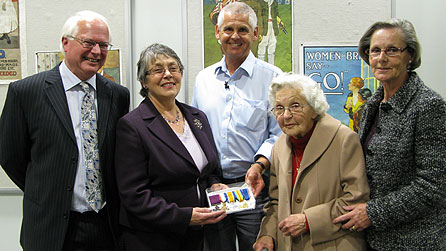 L-R: The grandchildren of VC recipient Frederick Potts (Bob Binham and Anne Ames) and Arthur Andrews (Chris Andrews and Penny Pountney)  together with Arthur's daughter-in-law Norah (fourth from left) meet for the first time at London's Imperial War Museum