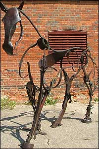 A horse made entirely from scrap by found-metal sculptor Rachael Long