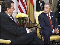 O primeiro-ministro da Alemanha, Gerhard Schröder, e o presidente dos Estados Unidos, George W. Bush