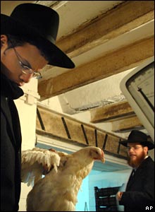 Một người Do Thái Hungaria cầm một con gà trong nghi lễ Kapparot