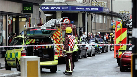 Emergency services arrive at Edgware Road station following a series of explosions which has ripped through London's underground tube network