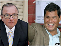 Os candidatos à Presidência do Equadro Álvaro Noboa (esq.) e Rafael Correa