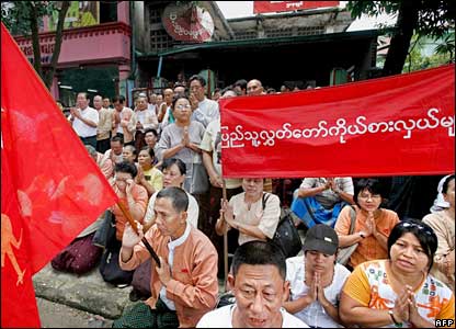 National League for Democracy members take part in a protest.