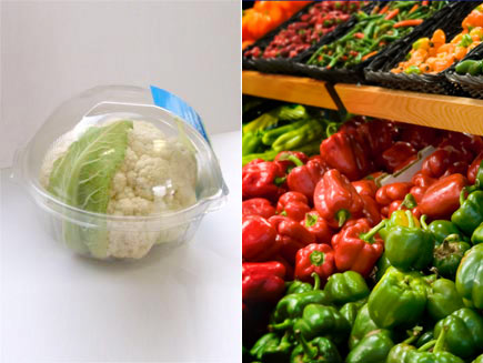 First half: Cauliflower in its own carton. Second half: Grocer's shop with shelves of loose vegetables