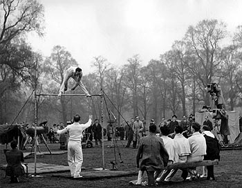 The British Olympic gymnastics team practising in Hyde Park