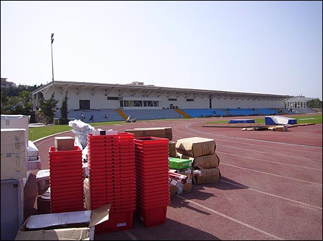 Athletics track in Rhodes, with building materials