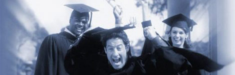 Three students celebrating their university graduation