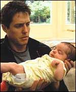 Hugh Grant with baby boy in arms 