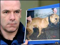 地方犬只监察人员手持被处决的犬只照片